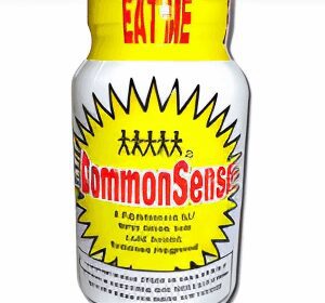 Yellow and white "CommonSense" bottle illustration.
